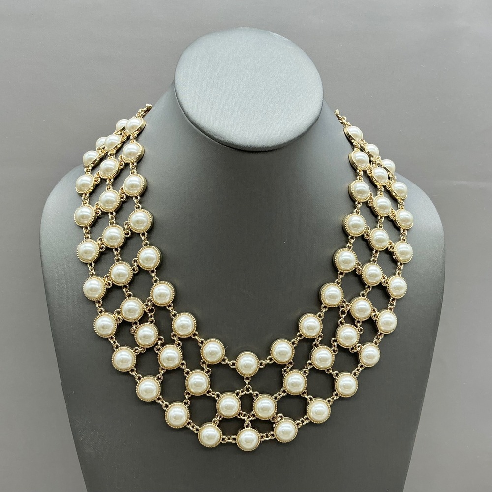 Charter Club Necklace Women Gold Faux Pearl Triple Strand Bib Statement Jewelry